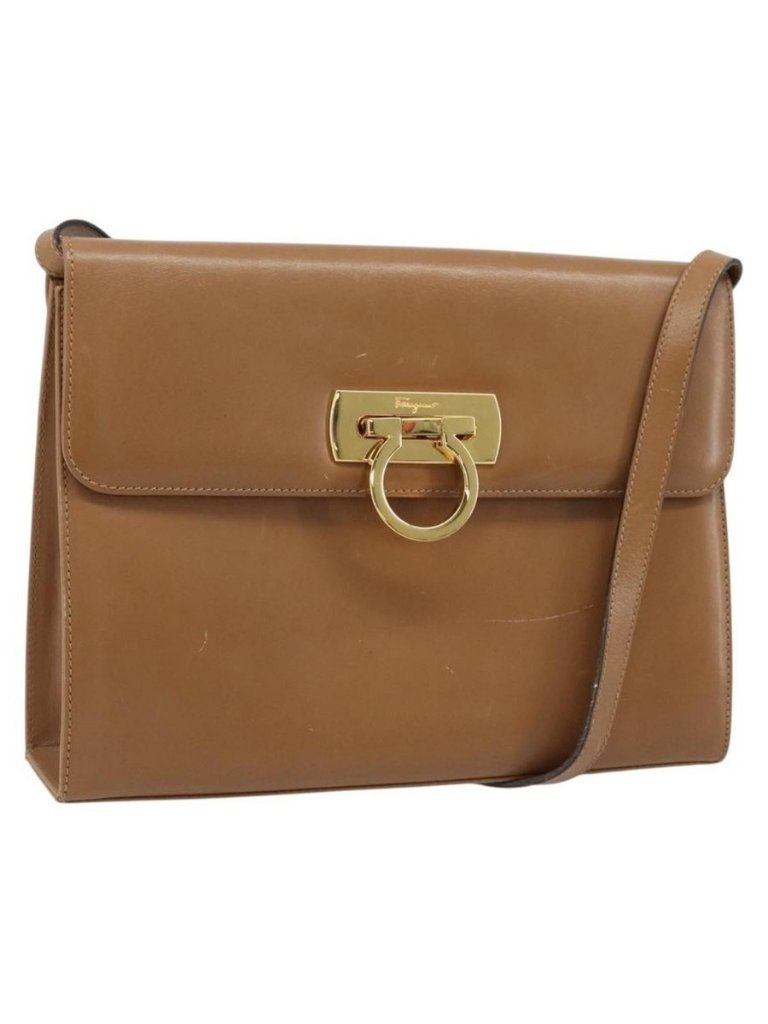 Authentic Salvatore Ferragamo Gancini Shoulder Bag Leather Brown Gold